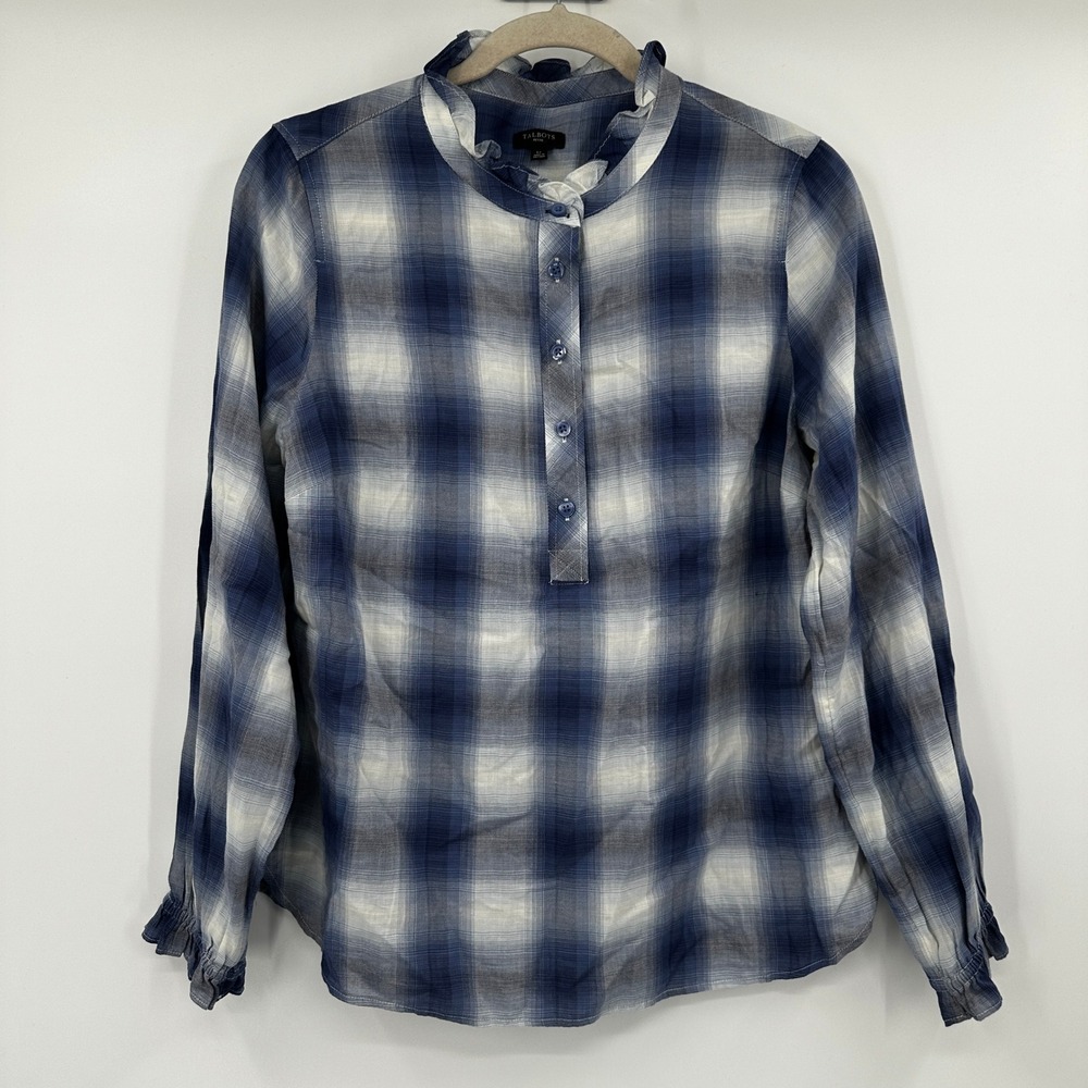 Talbots Petite Blue White Plaid Ruffle Neck Button‎ Front Blouse Large Preppy